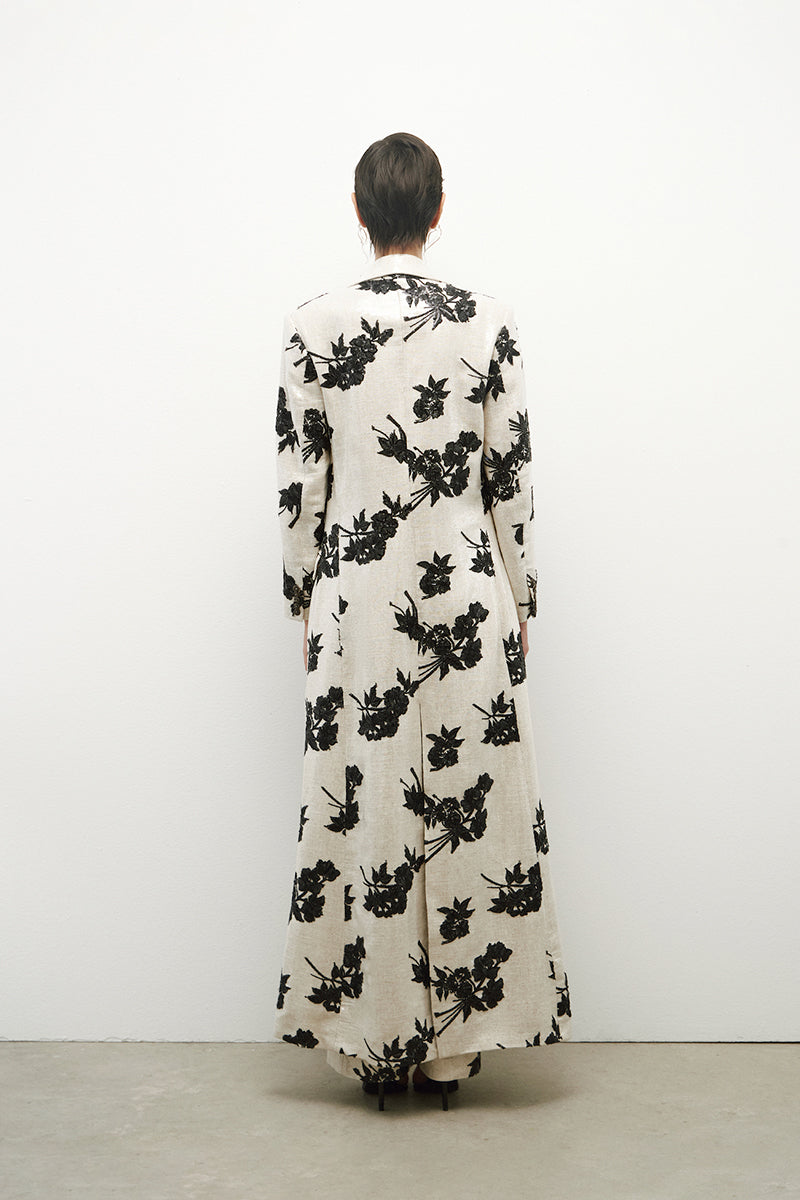 JC Pajares linen long coat with sequins, featuring a stylish design and elegant fit, displayed on a neutral background.