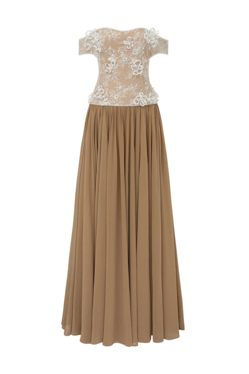 Off-shoulder glitter lace chiffon gown by L'SCARLETT featuring a flowing design and elegant neckline.