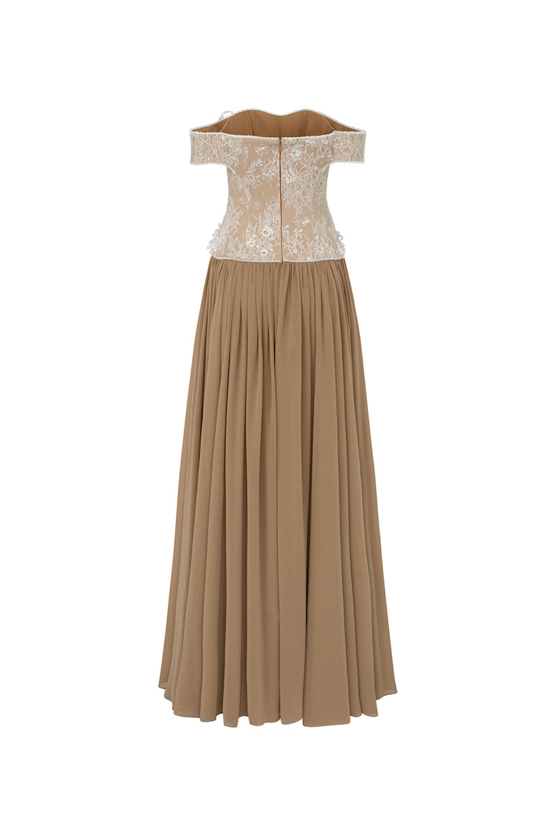 OFF-SHOULDER MAXI DRESS IN GLITTER LACE CHIFFON - CULT MIA