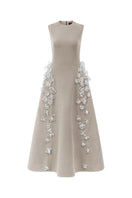 Beige sleeveless poly crepe midi flared gown by L'SCARLETT, featuring a fitted bodice and flowing skirt for elegant occasions.