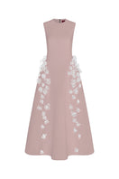 Pink sleeveless poly crepe midi flared gown by L'Scarlett, featuring a flowing silhouette and elegant design.