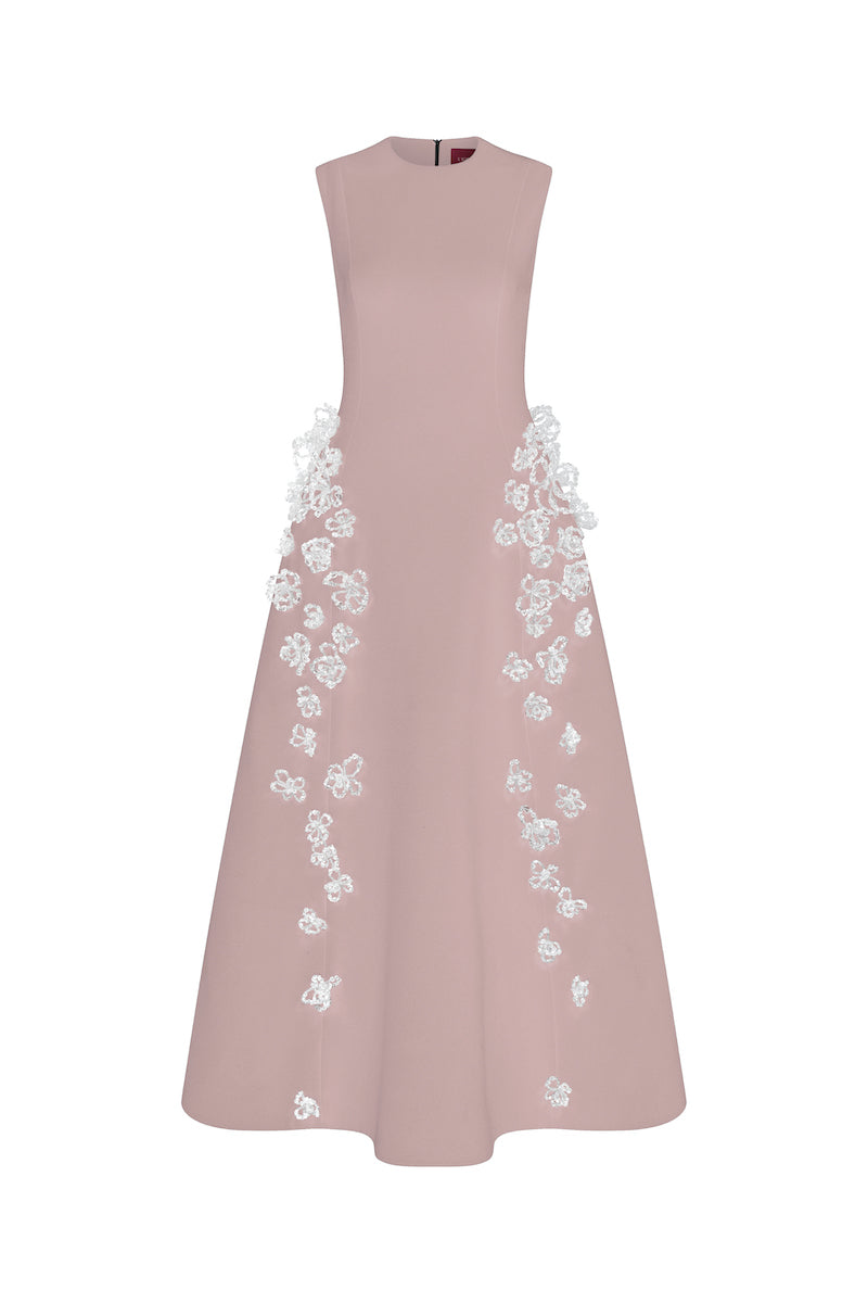 Pink sleeveless poly crepe midi flared gown by L'Scarlett, featuring a flowing silhouette and elegant design.