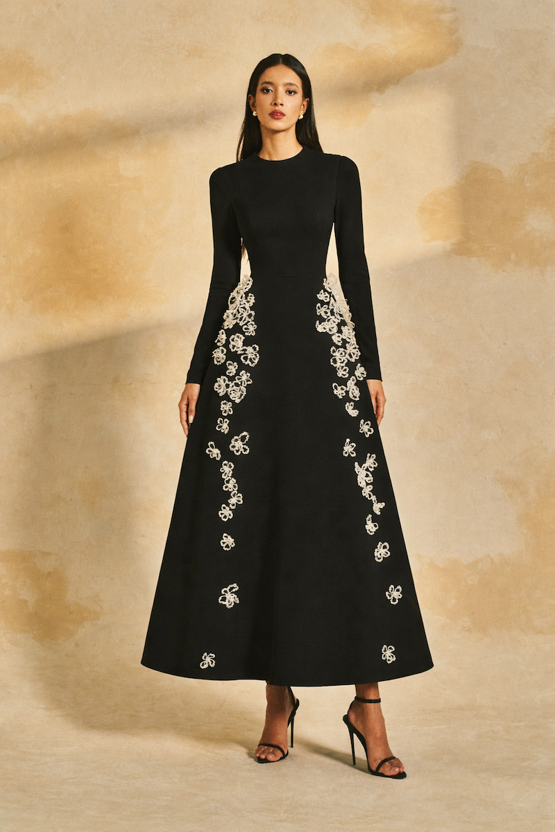 FLARED LONG-SLEEVES 3D CRYSTAL FLORAL MIDI DRESS | CULT MIA