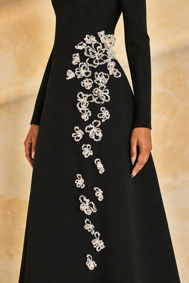 L'SCARLETT flared long-sleeve 3D crystal floral midi dress, elegant evening wear with intricate crystal floral details.