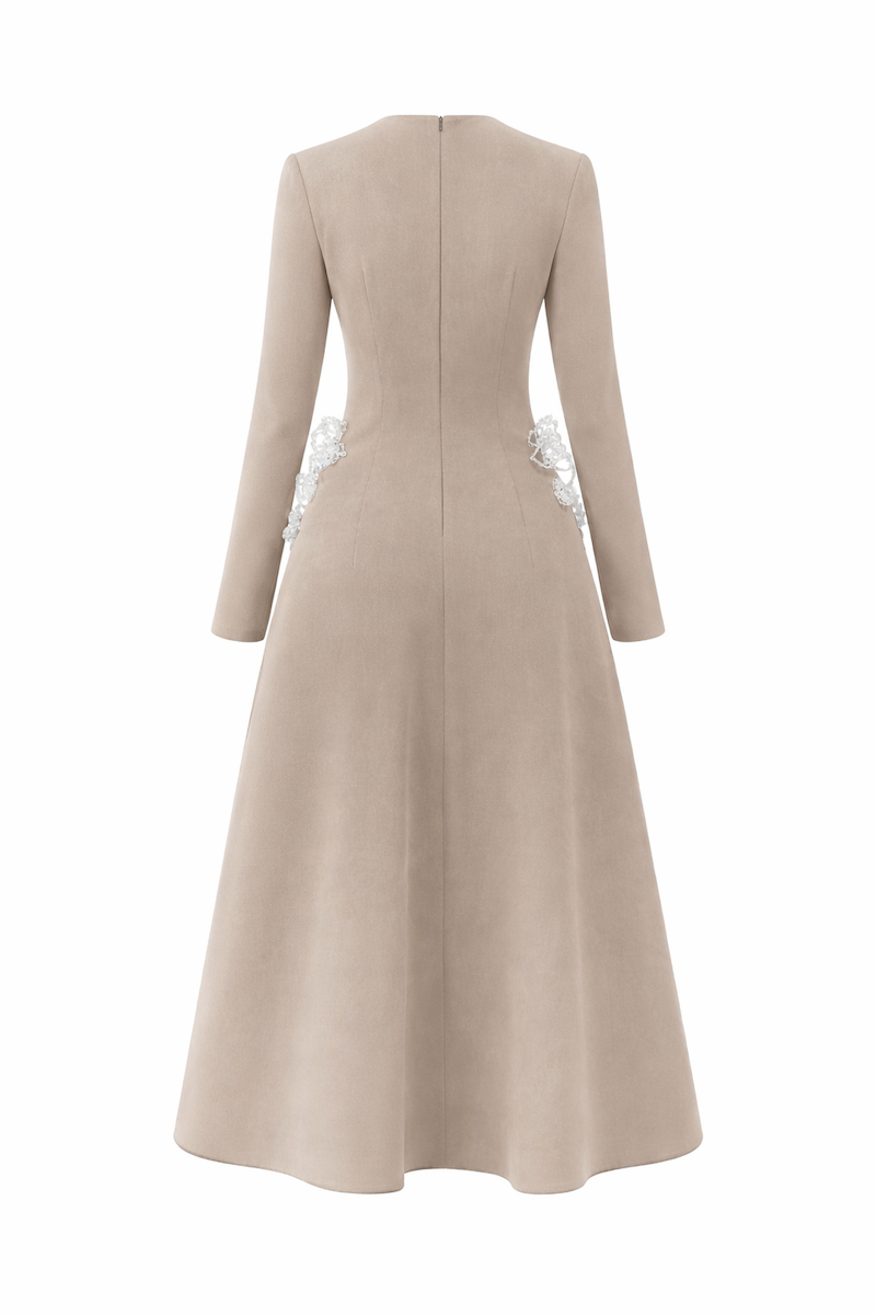 FLARED LONG-SLEEVES 3D CRYSTAL FLORAL MIDI DRESS FLARED LONG-SLEEVES 3D CRYSTAL FLORAL MIDI DRESS