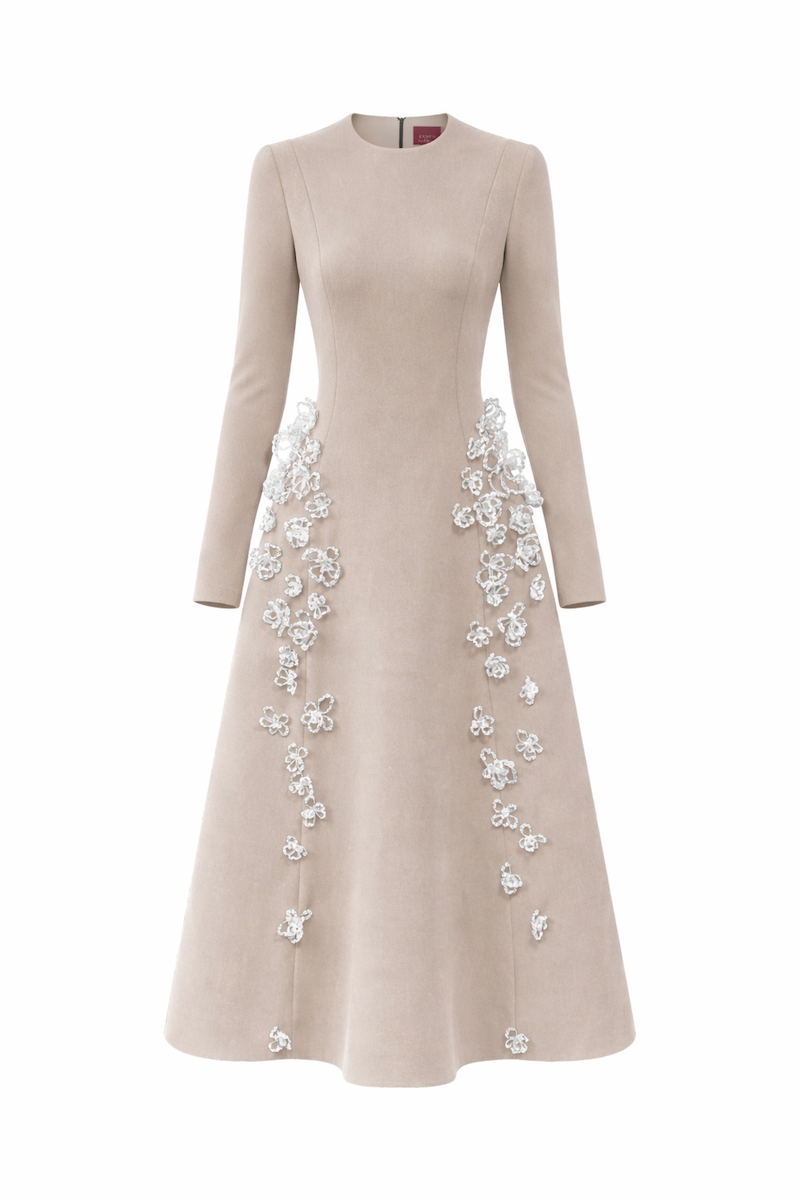 FLARED LONG-SLEEVES 3D CRYSTAL FLORAL MIDI DRESS | CULT MIA