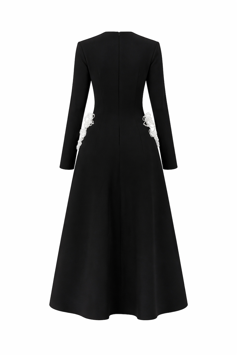 FLARED LONG-SLEEVES 3D CRYSTAL FLORAL MIDI DRESS | CULT MIA
