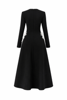 Black L'SCARLETT flared long-sleeves 3D crystal floral maxi dress, showcasing intricate crystal floral details and flowing fabric.