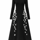 Black L'SCARLETT flared long-sleeve 3D crystal floral maxi dress, front view showcasing intricate floral design and elegant silhouette.