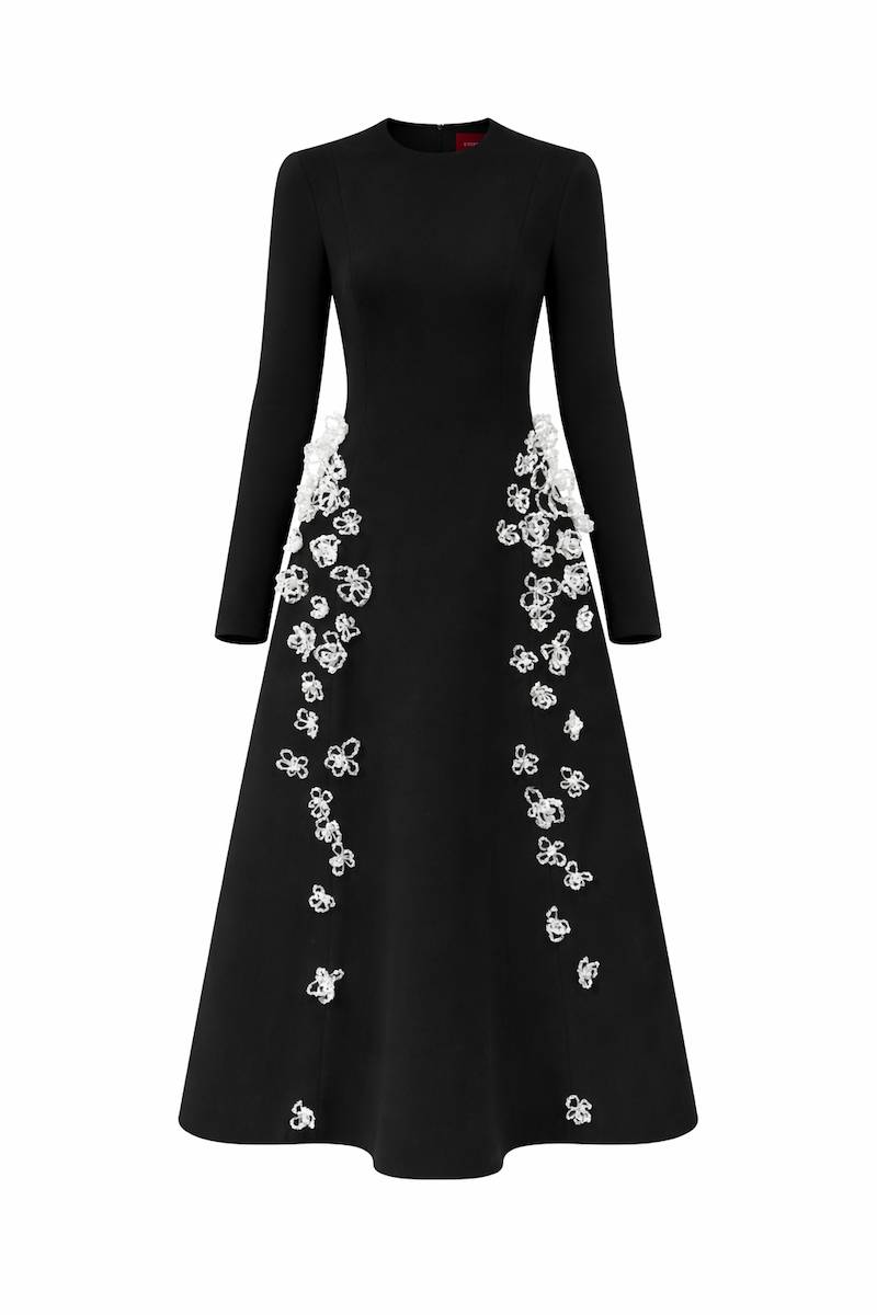 Black flared long-sleeve midi dress by L'Scarlett with 3D crystal floral details, front view showcasing elegant design.