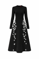 Black L'SCARLETT flared long-sleeve 3D crystal floral maxi dress, front view showcasing intricate floral design and elegant silhouette.
