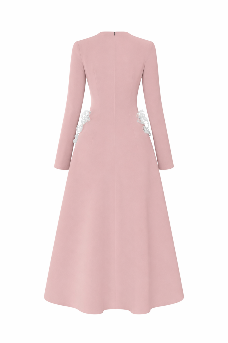 Light pink flared long-sleeve midi dress with 3D crystal floral design by L'SCARLETT, shown from the back.