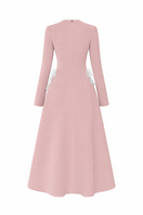Light pink L'SCARLETT flared long-sleeve 3D crystal floral maxi dress, back view showing intricate details and flowing fabric.