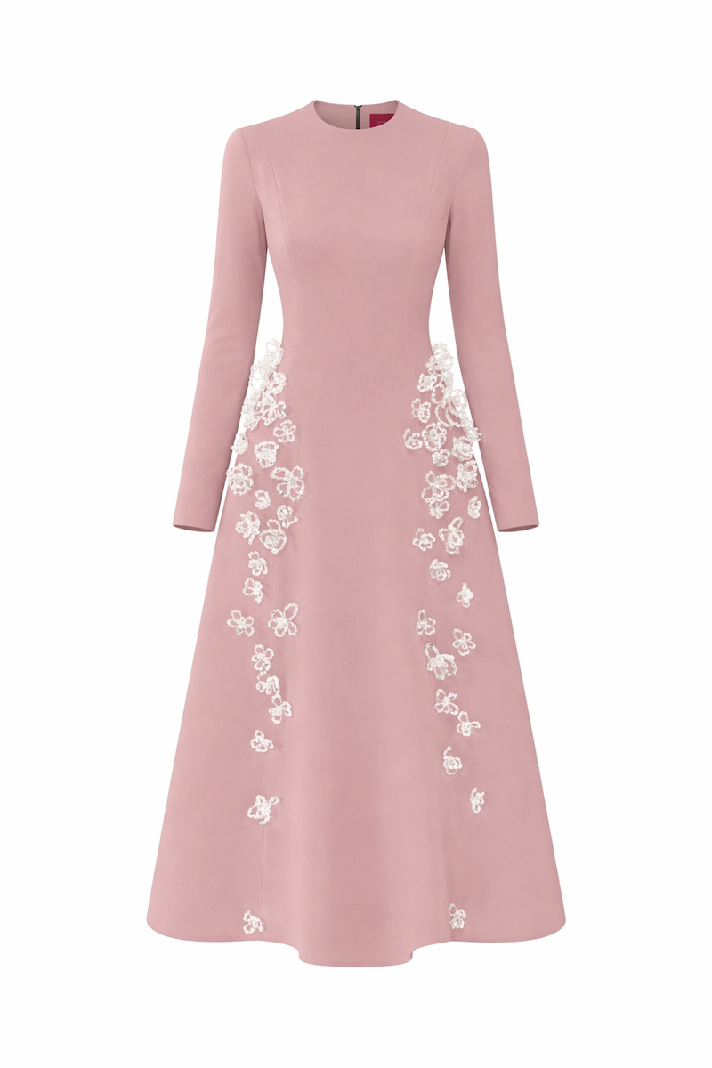 Light pink L'SCARLETT flared long-sleeve 3D crystal floral midi dress front view, elegant and stylish for special occasions.