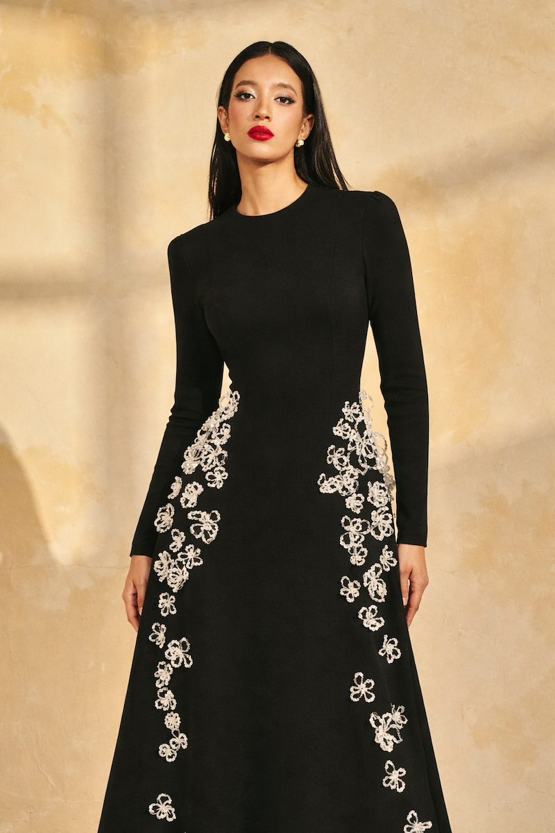 L'SCARLETT flared long-sleeve 3D crystal floral maxi dress, elegant evening wear with intricate floral embellishments.