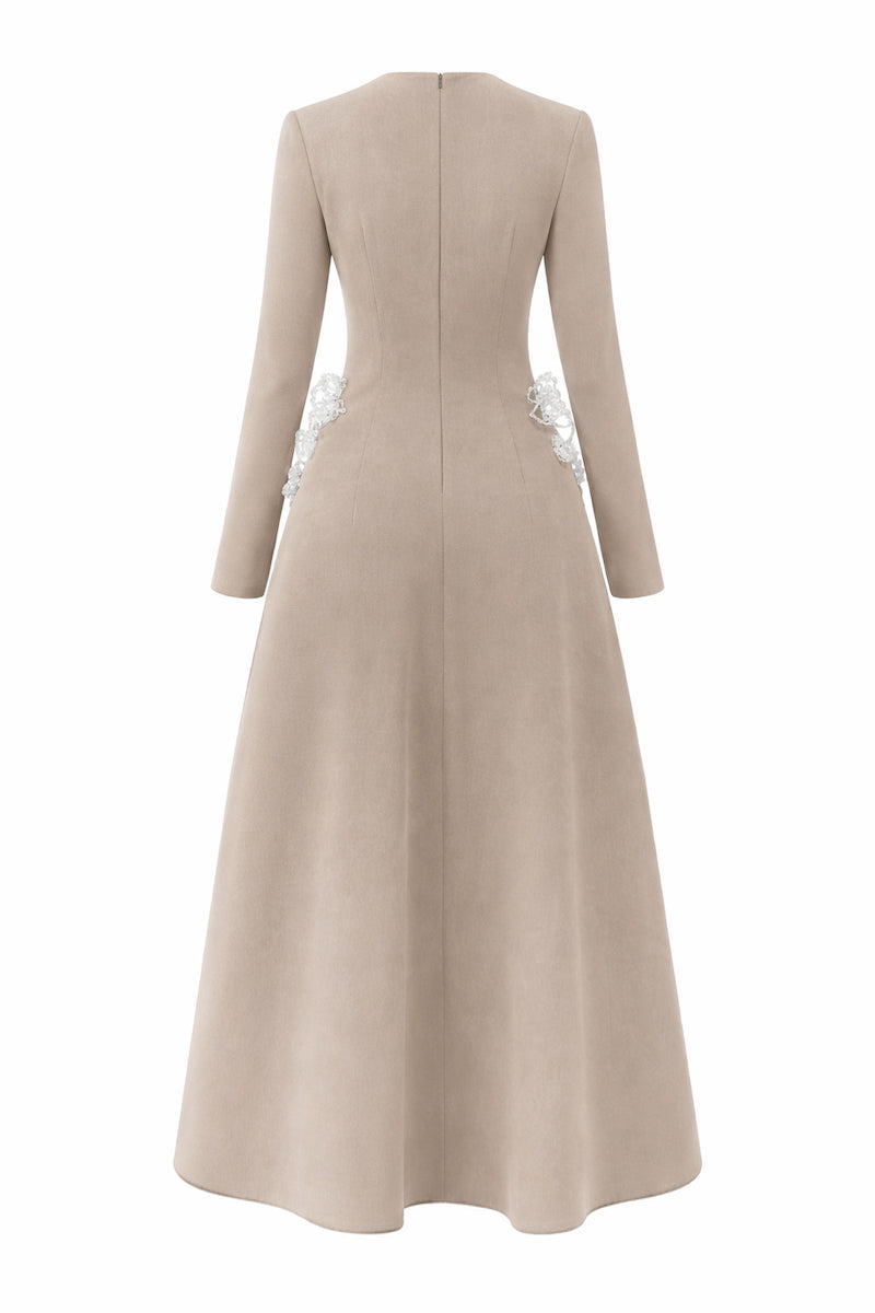 Beige flared long-sleeve maxi dress with 3D crystal floral details by L'SCARLETT, shown from the back.