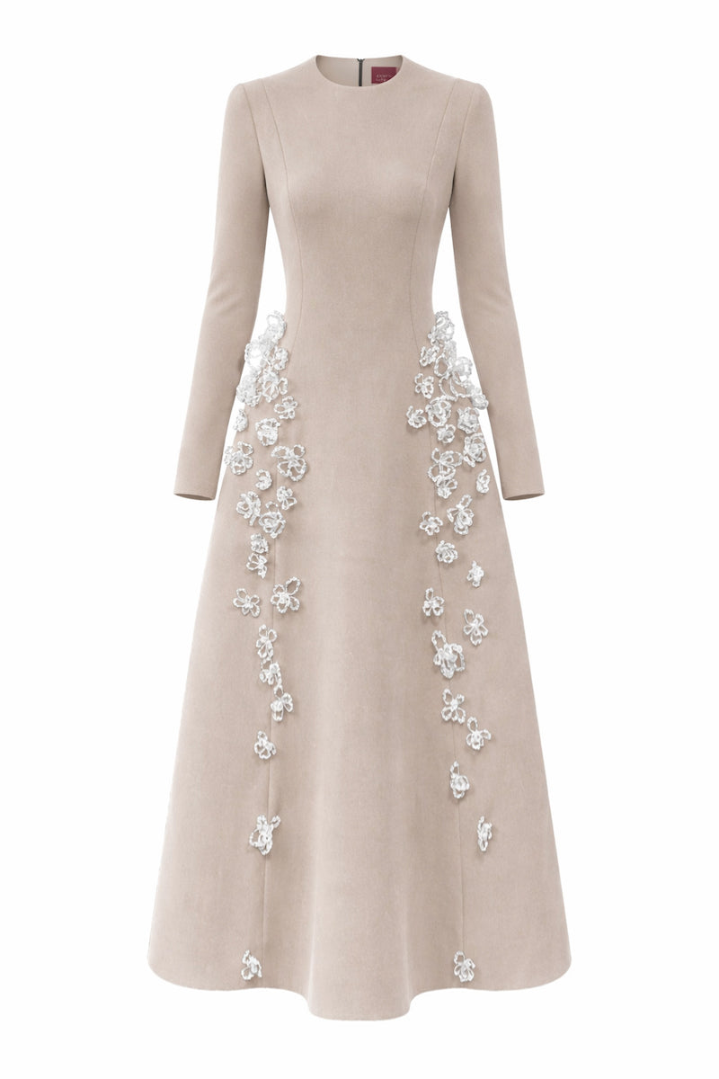 Beige L'SCARLETT flared long-sleeve 3D crystal floral maxi dress with a fitted bodice and flowing skirt, front view.
