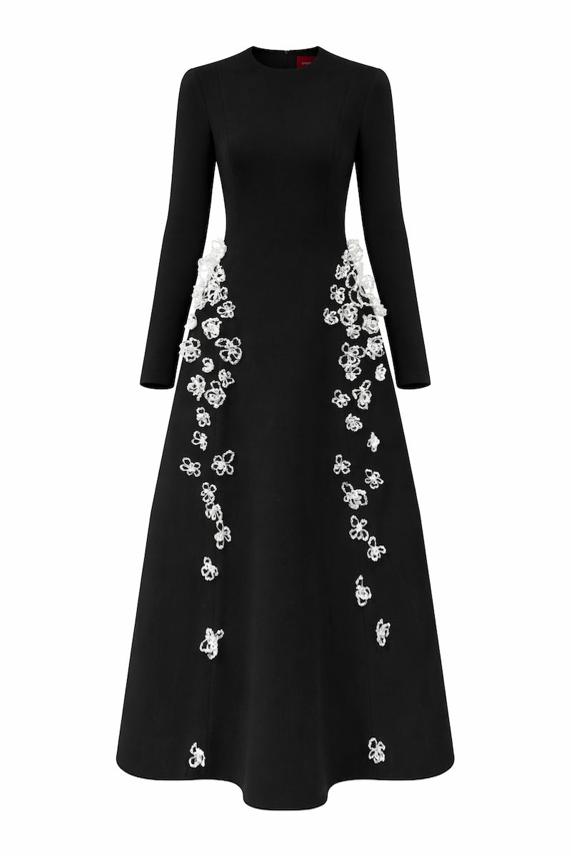 Black L'SCARLETT flared long-sleeve 3D crystal floral maxi dress with a flowing silhouette, front view showing intricate crystal floral details.