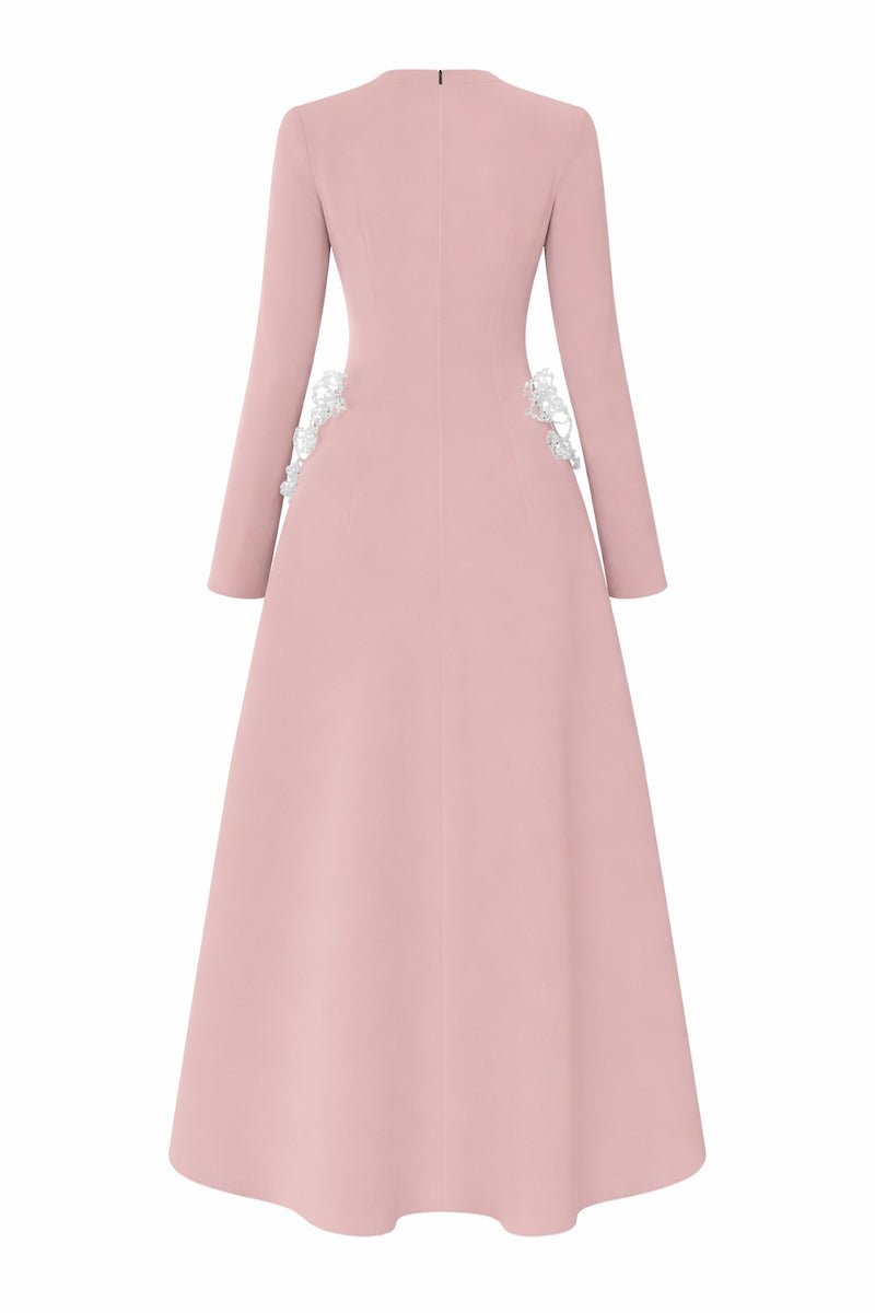 Light pink L'SCARLETT flared long-sleeve maxi dress with 3D crystal floral embellishments, back view.