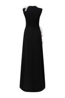 Black sleeveless poly crepe gown by L'Scarlett, featuring a flowing design and elegant neckline, perfect for formal occasions.