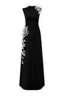 Black sleeveless poly crepe gown by L'Scarlett, featuring a sleek, elegant design ideal for formal occasions.