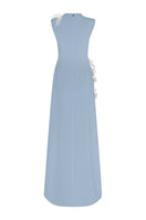 Blue sleeveless poly crepe gown by L'Scarlett, featuring a flowing silhouette and elegant design.