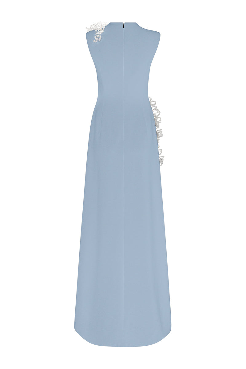 Blue sleeveless poly crepe gown by L'Scarlett, featuring a flowing silhouette and elegant design.