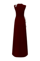 Red sleeveless poly crepe gown by L'Scarlett featuring a fitted silhouette and elegant drape.