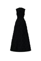Black sleeveless fringe jacquard V-neck flared gown by L'SCARLETT, showcasing intricate pattern and flowing silhouette.