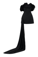 Black poly crepe and chiffon mini dress by L'Scarlett featuring a stylish, flowy design perfect for casual or semi-formal occasions.
