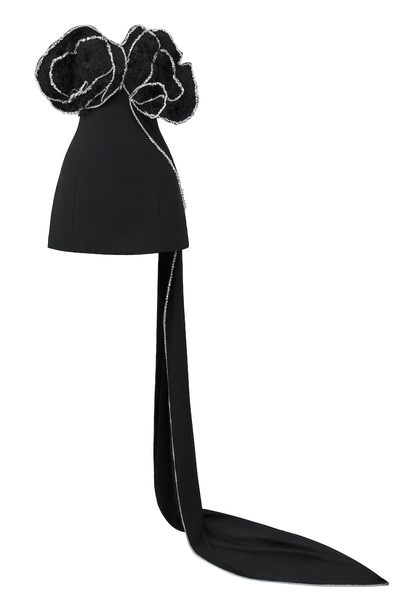 Black poly crepe and chiffon mini dress by L'Scarlett, featuring a stylish, flowy design perfect for casual or semi-formal occasions.