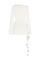 White long-sleeve poly crepe mini dress by L'Scarlett, featuring a fitted silhouette and elegant design.