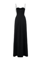 Black spaghetti strap poly crepe gown by L'Scarlett with a sleek, elegant design and flowing silhouette.