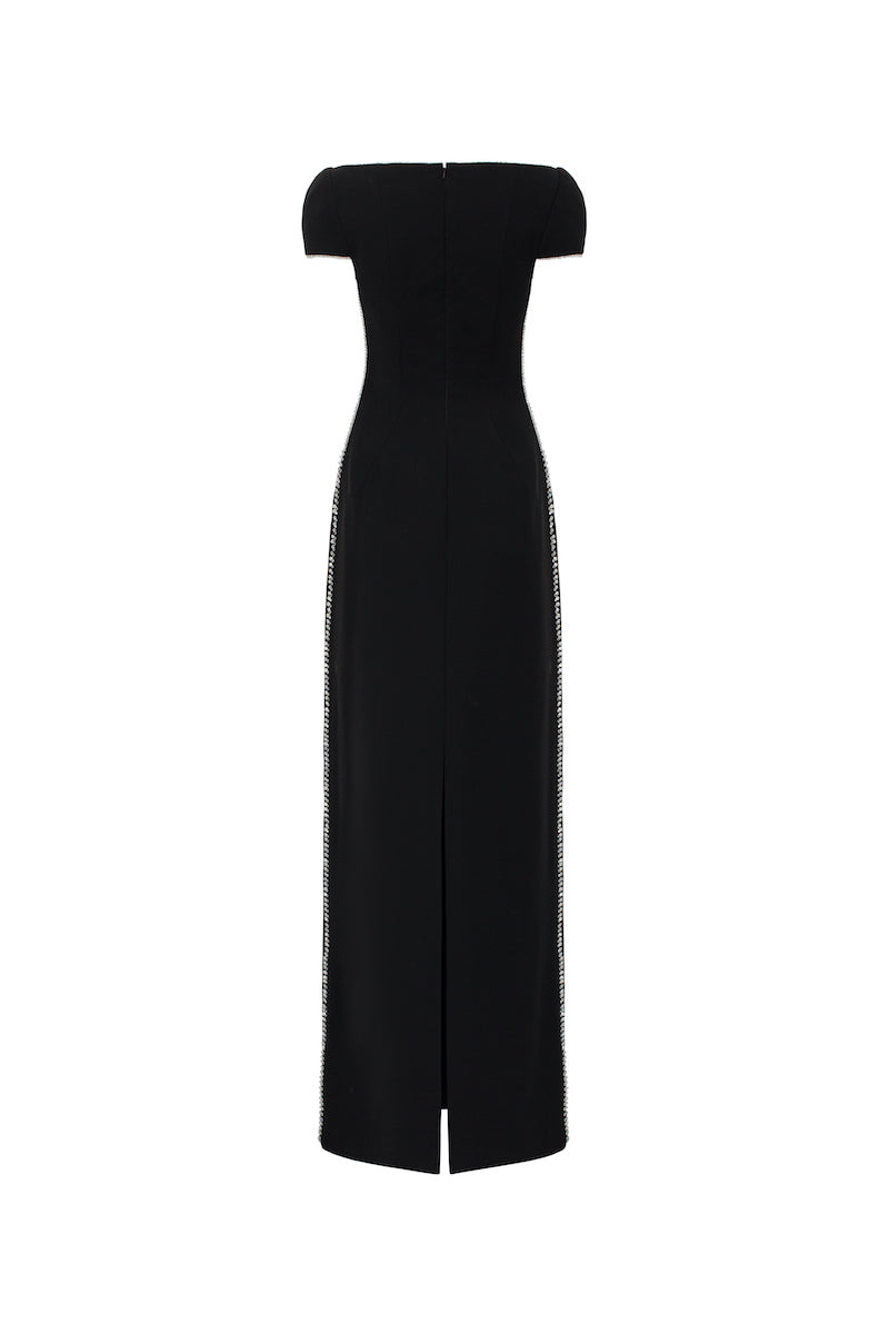 black short sleeve maxi dress SHORT-SLEEVE POLY CREPE MAXI DRESS | CULT MIA