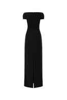 Black short-sleeve poly crepe gown by L'Scarlett, featuring a flowy design and elegant silhouette for formal occasions.