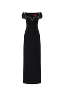 Black short-sleeve poly crepe gown by L'SCARLETT, featuring a flowing silhouette and elegant design.