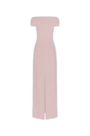 Pink short-sleeve poly crepe gown by L'Scarlett, featuring a flowing design and elegant fit.