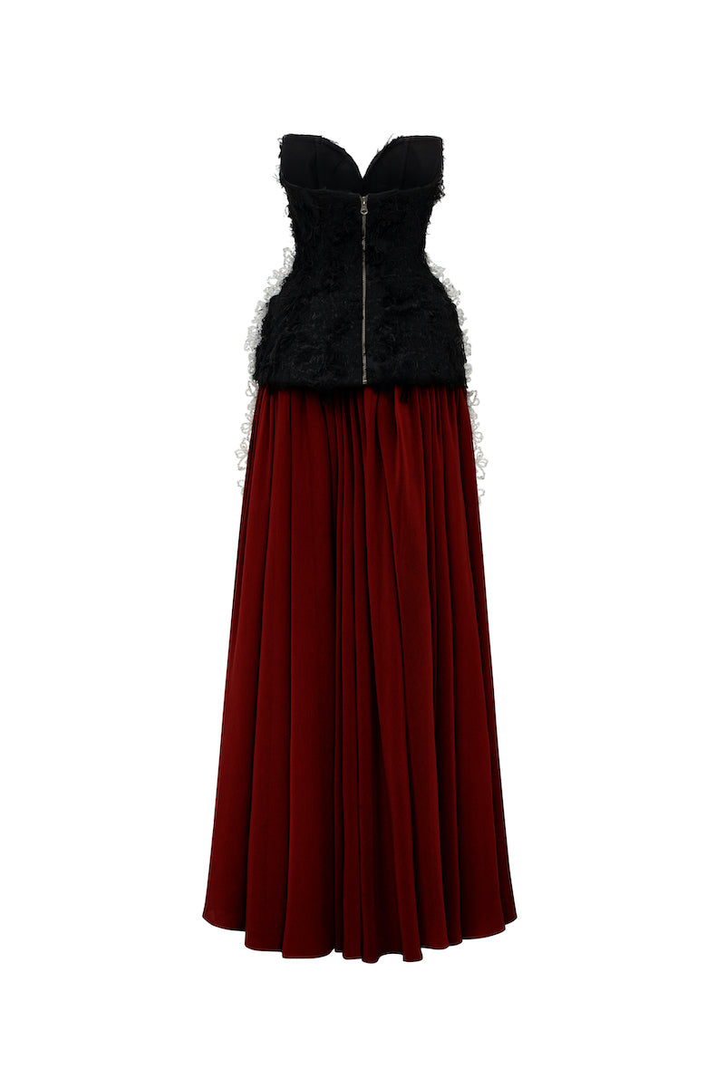 OFF-SHOULDER FRINGE JACQUARD AND CHIFFON FLARED MAXI DRESS | CULT MIA