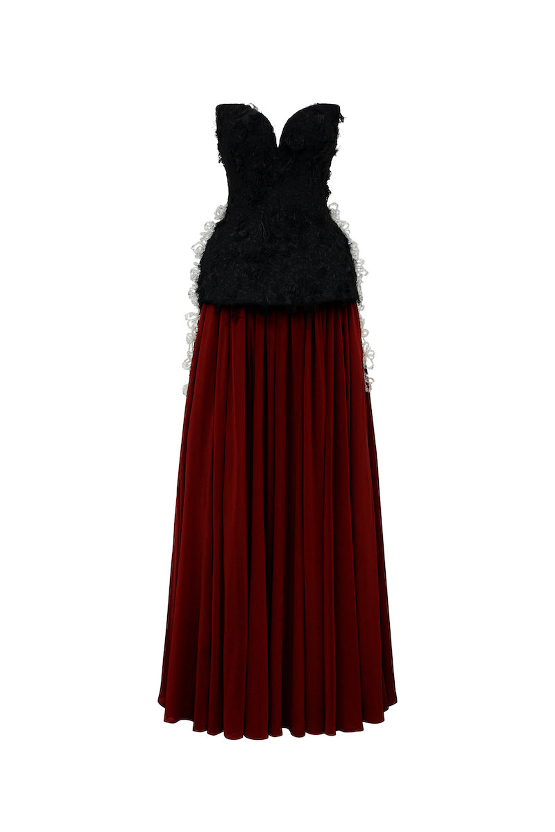 OFF-SHOULDER FRINGE JACQUARD AND CHIFFON FLARED MAXI DRESS | CULT MIA | L'SCARLETT OFF-SHOULDER FRINGE JACQUARD AND CHIFFON FLARED MAXI DRESS | CULT MIA | L'SCARLETT