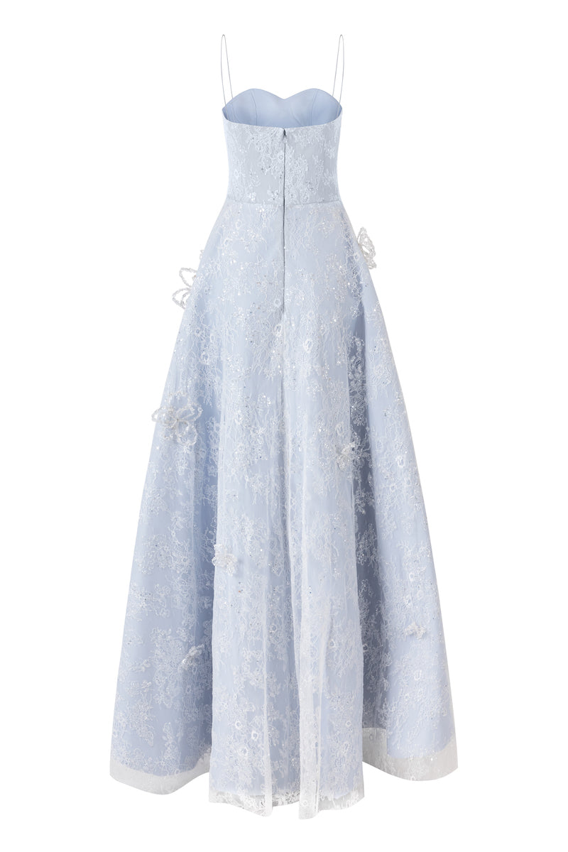 Blue L'SCARLETT A-line spaghetti strap glitter lace maxi dress with a flowing silhouette and elegant back design.