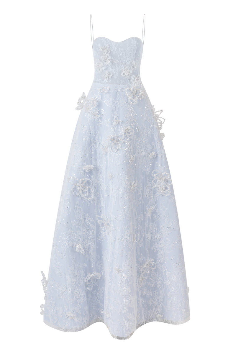 Blue L'SCARLETT A-line spaghetti straps glitter lace maxi dress, front view showcasing elegant design and shimmering fabric.