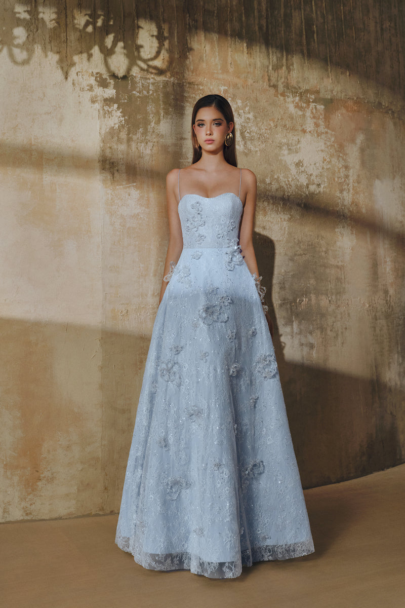 Blue L'SCARLETT A-line spaghetti straps glitter lace maxi dress with a flowing silhouette and elegant design.