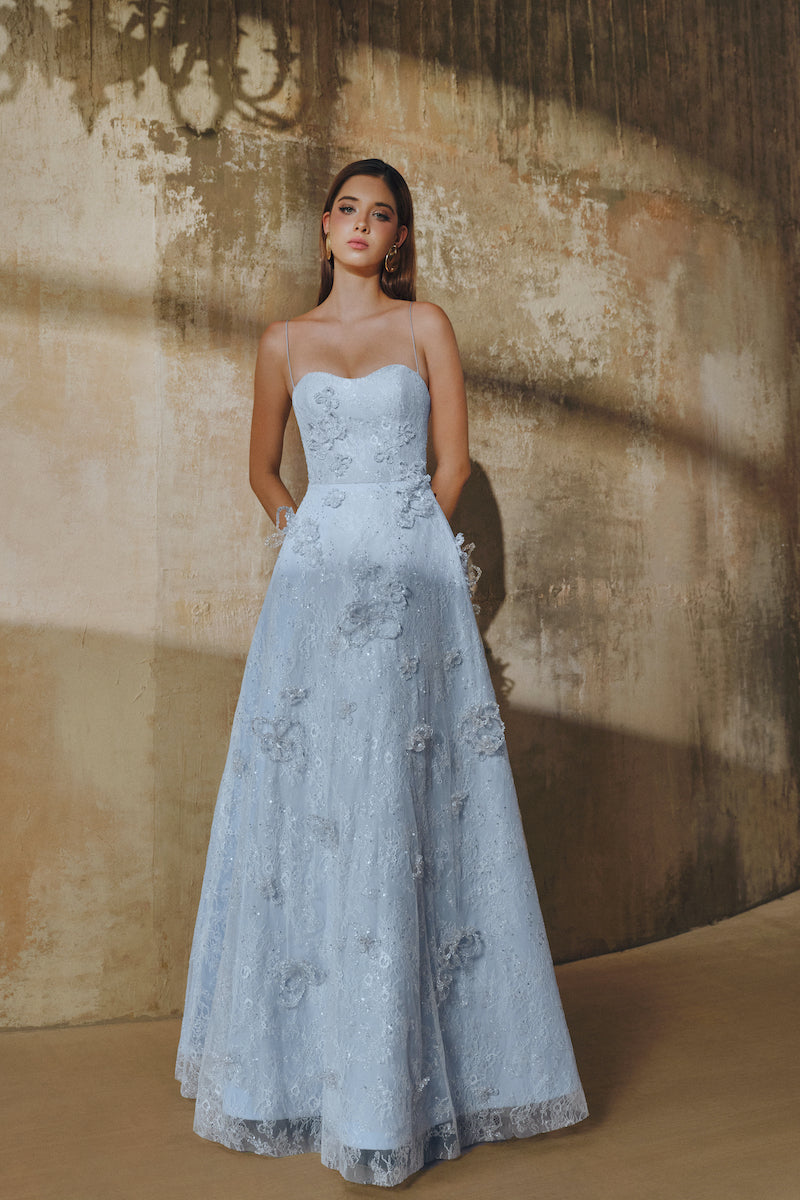 A-LINE SPAGHETTI STRAPS GLITTER LACE MAXI DRESS IN BLUE | CULT MIA