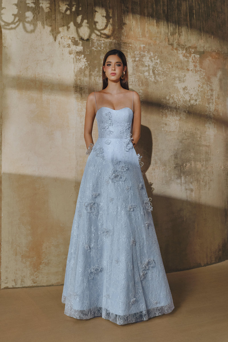 Blue L'SCARLETT A-line spaghetti straps glitter lace maxi dress, elegant and flowing with intricate lace details.