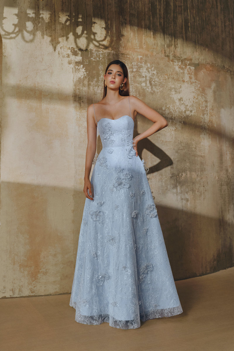 A-LINE SPAGHETTI STRAPS GLITTER LACE MAXI DRESS IN BLUE | CULT MIA