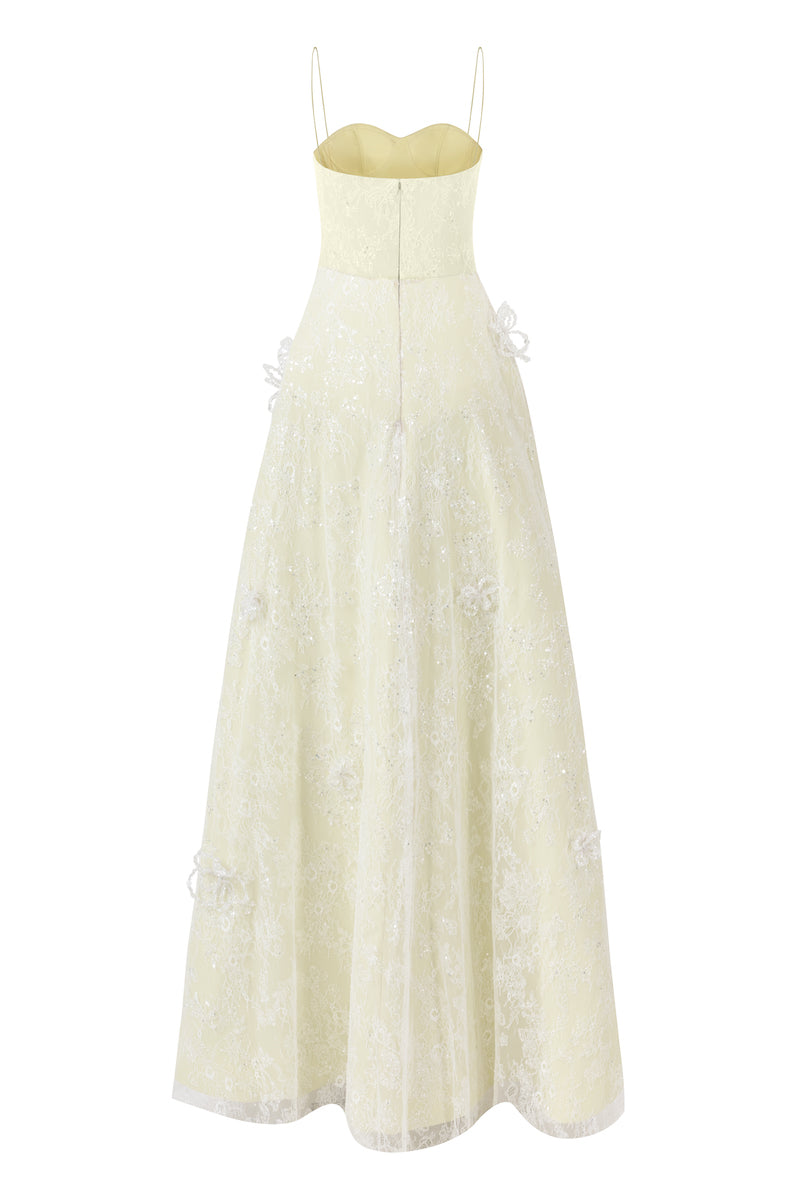 Mint L'SCARLETT A-line spaghetti straps glitter lace maxi dress hanging on a hanger, showcasing its elegant design and shimmering fabric.