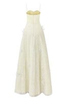 L'SCARLETT mint A-line spaghetti straps glitter lace gown with intricate lace details and a flowing silhouette.