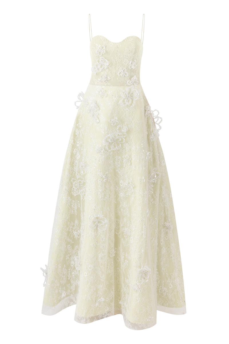 Mint green L'SCARLETT A-line maxi dress with spaghetti straps, glitter lace detail, perfect for elegant occasions.