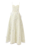 L'SCARLETT mint A-line spaghetti straps glitter lace gown front view, elegant evening dress for special occasions.