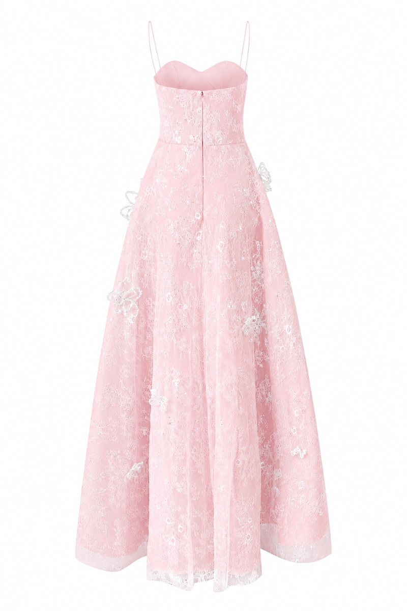 Pink L'SCARLETT A-line spaghetti straps glitter lace maxi dress, back view showing flowing fabric and elegant design.